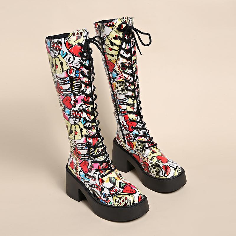 Fashion Women's Autumn New Printed Plus Fleece Platform Long Cylinder Riding Boots High Cylinder Boots