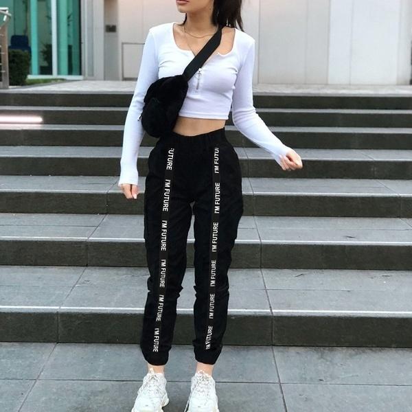 Women Streetwear Fashion Sports Harem Pants Trousers Full Length Loose Jogger Mujer Sporting Elastic Waist Letter Black Pantalon Plus Size