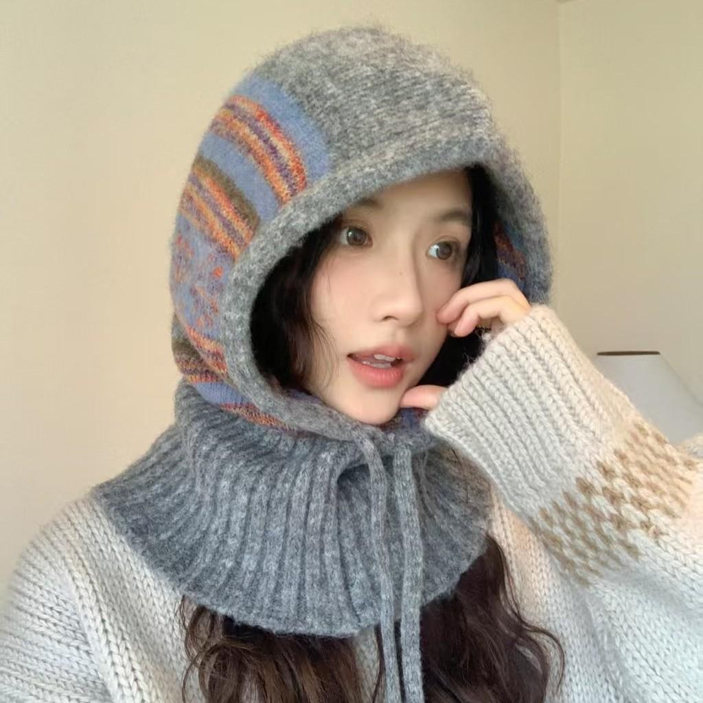 New Fair Island Style Knitted Balaclava Hat Women's Autumn and Winter Hat Scarf Integrated Ear Protection Wool Hat