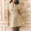 Damen Französisches Elegantes Gepunktetes Minikleid Mandarin-Kragen Schlüsselloch-Ausschnitt Puffärmel Hohe Taille Schmale Passform Cocktailparty-Kleid