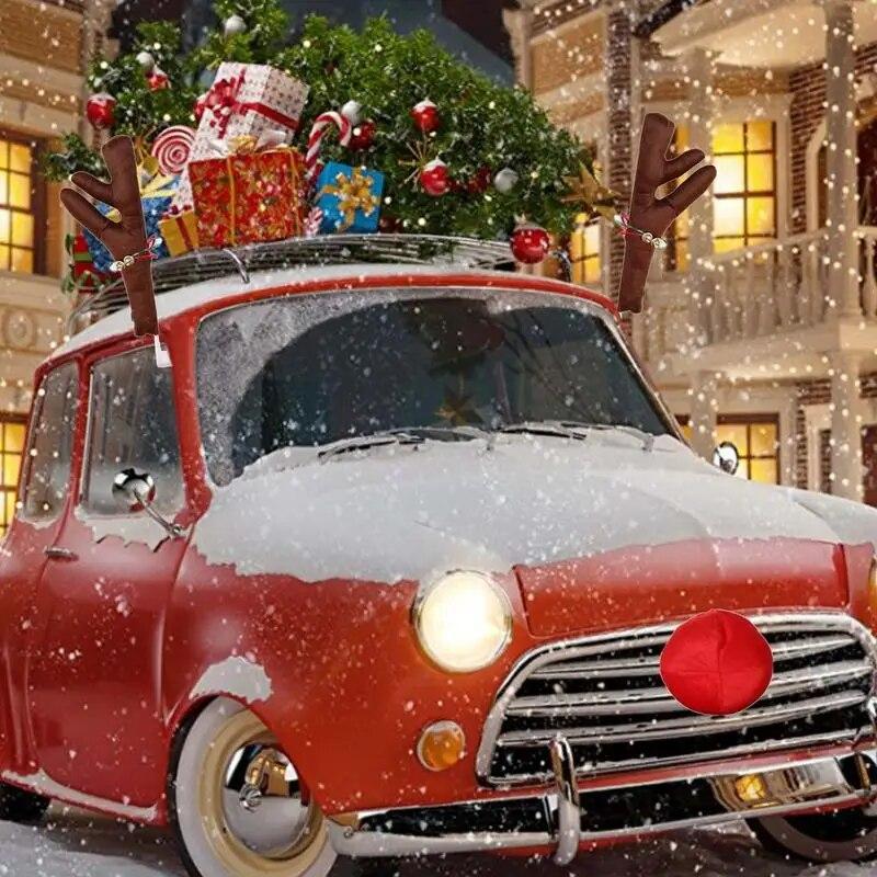 Reindeer Decoration Car Vehicle Nose Horn Costume Decor Set Rudolph Christmas Reindeer Antlers Red Nose Ornaments Elk Antler