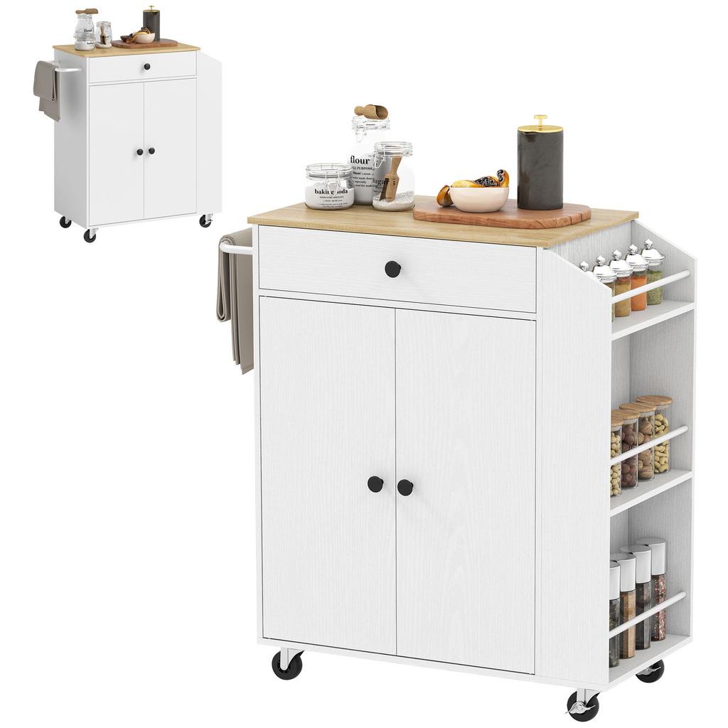 Rolling Kitchen Island with 3-Tier Spice Rack, Kitchen Storage Cart with Drawer and Towel Rack, White
