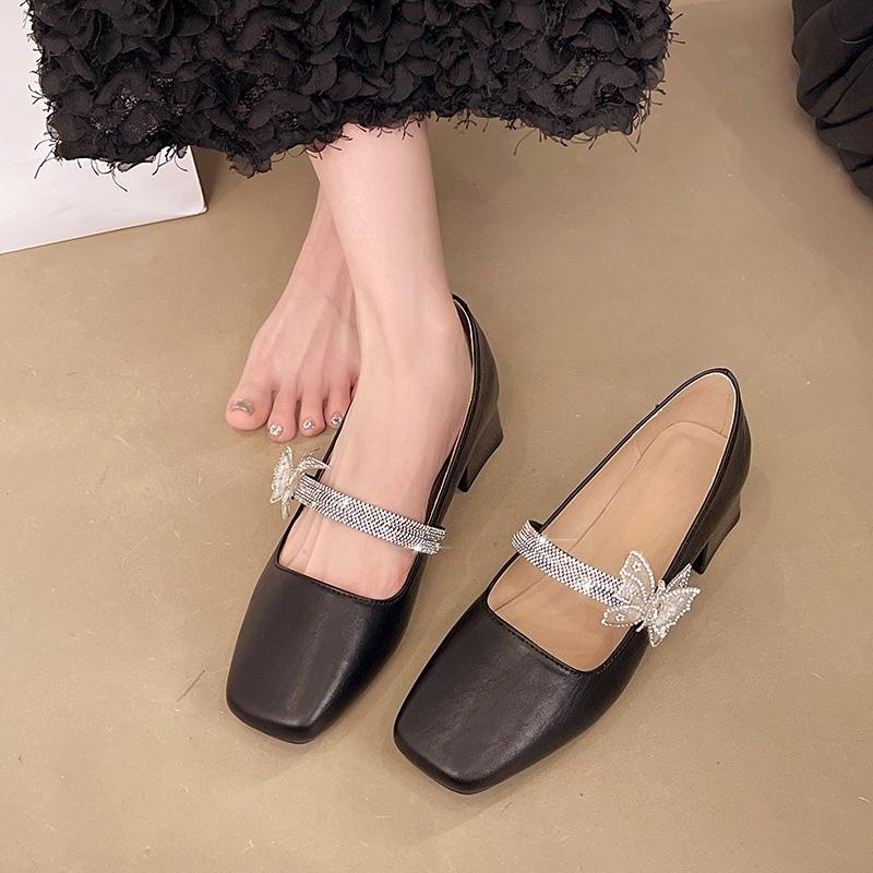 Fashion Square Toe Shallow Mouth Mary Jane Shoes Women's Autumn New Crystal Butterfly Block Heel Kitten Heel Temperament Single Shoes