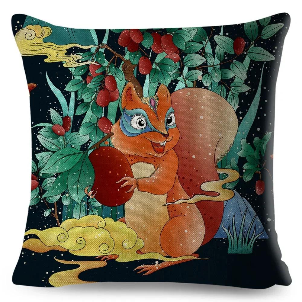Cartoon Animal Pillowcase Dragon Fox Firebird Printed Linen Cushion Cover Living Room Sofa Car Decorative Pillowcase 45*45Cm