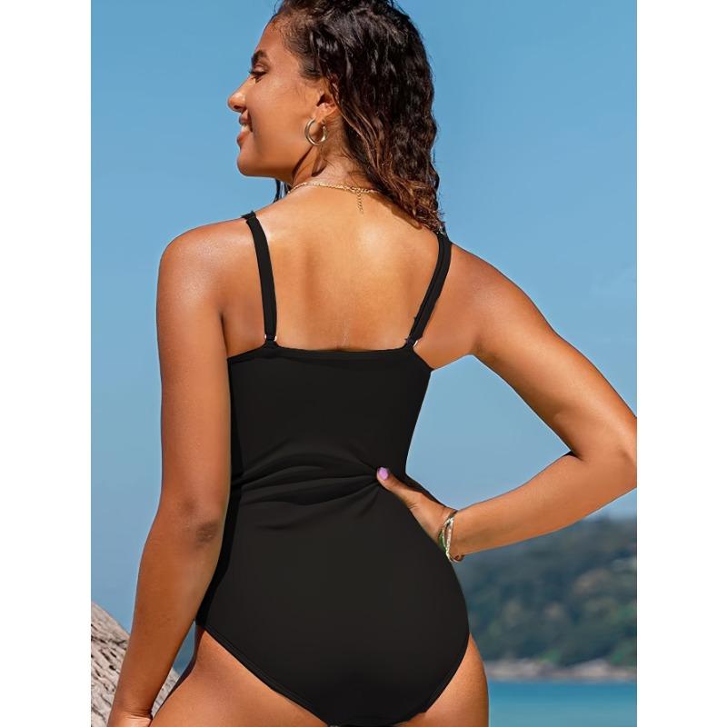 V Neck Twist Front Tummy Control One Piece Swimsuit High Cut Bathing Suit