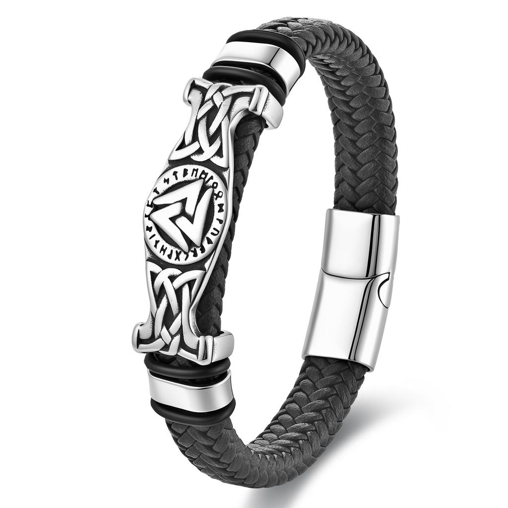 Black Leather Rope Cowhide Men's Double Layer, Genuine Leather Woven Bracelet Handmade Multilayer Leather Bracelet