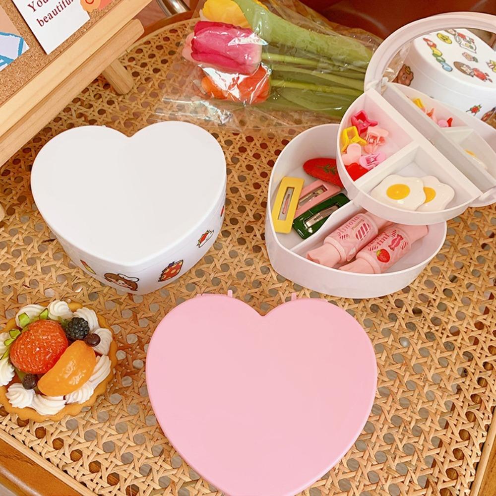 Large Capacity Heart Shape Jewelry Box with Mirror Plastic Jewelry Case Boxes Solid Color Portable Jewelry Organizer Display