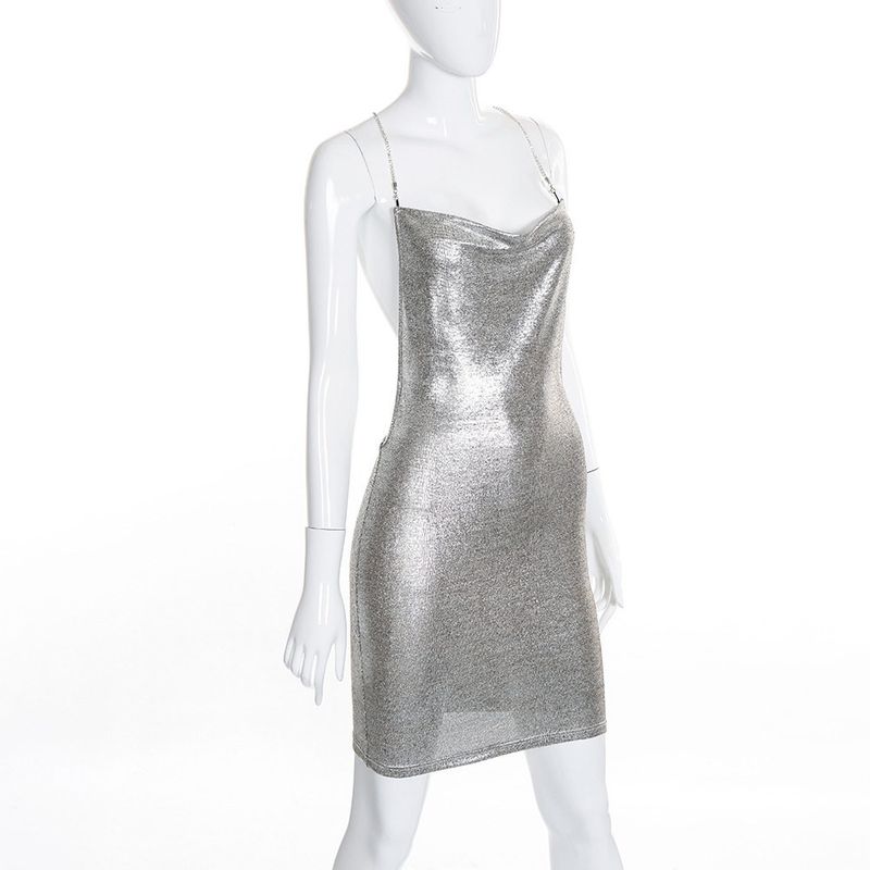 

Fashion Bare Back Low-Cut Slim Fit Sheath Dress Diamond Chain Decoration Slip Dress Women s Skirts Silver Free Size (Can Wear 40-60kg)