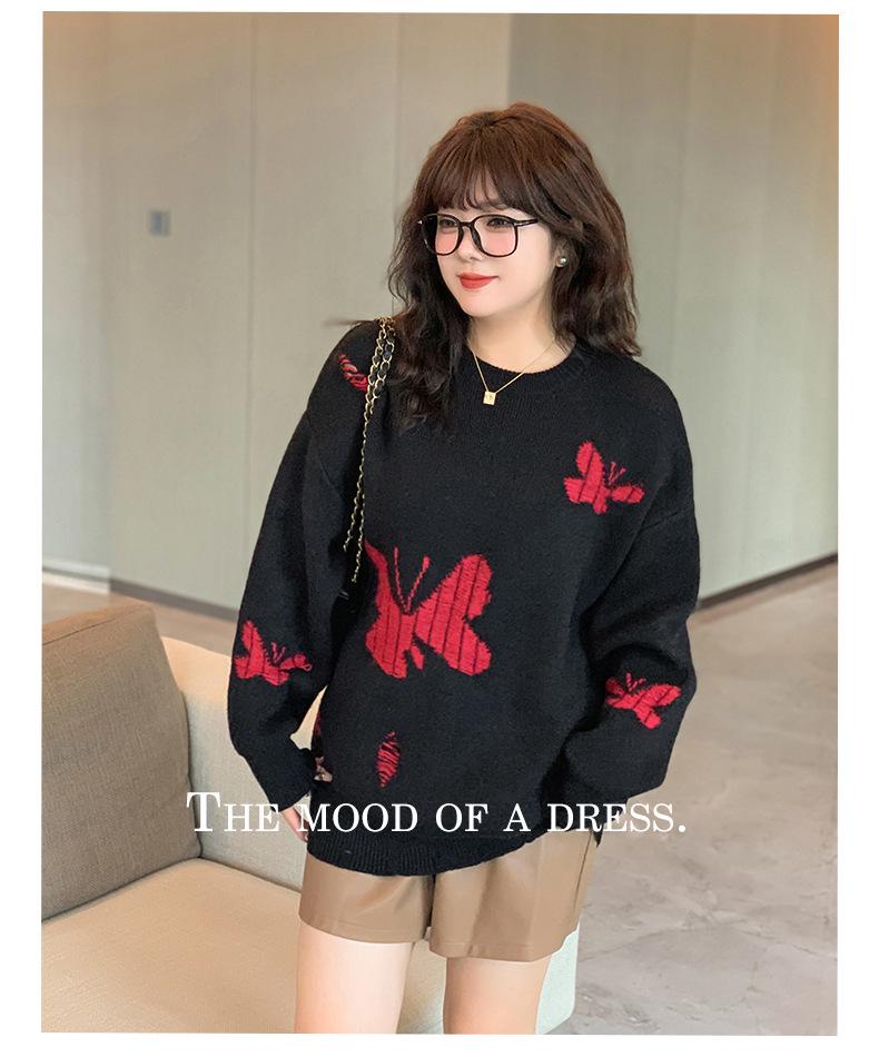 XHK2568 Plus Size Women's Winter Sweater - Hollow Out Butterfly Design, Soft and Cozy