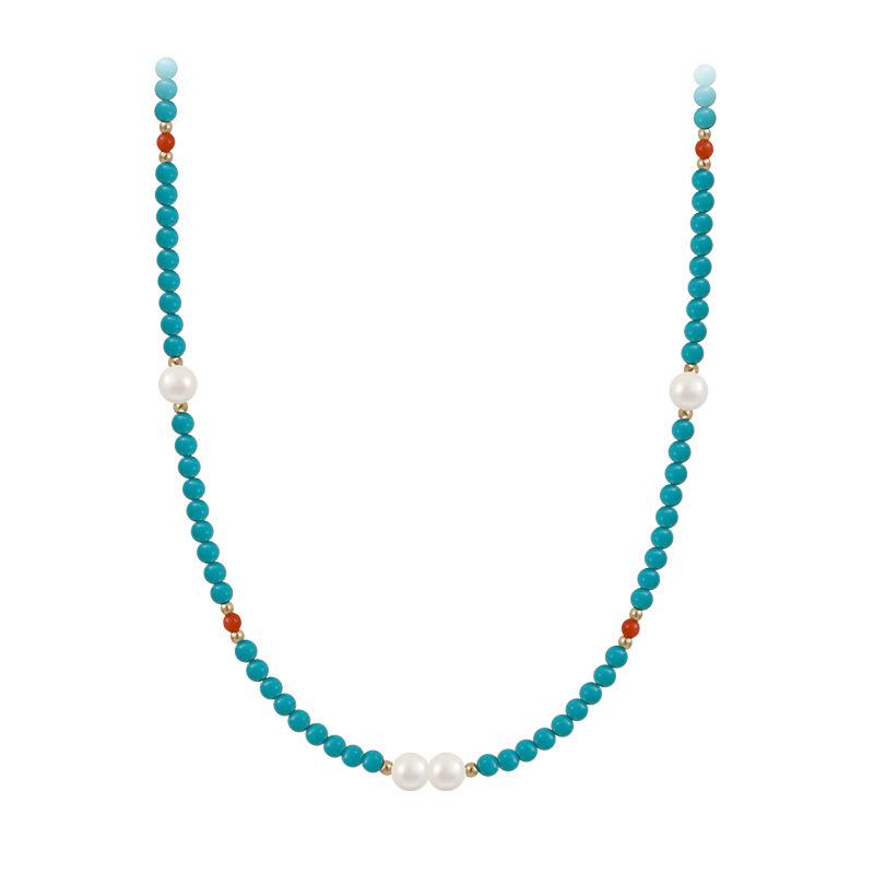 Turquoise and Red Agate Beaded Pearl Necklace - A Unique, French-style, Retro and Luxurious Choker Chain