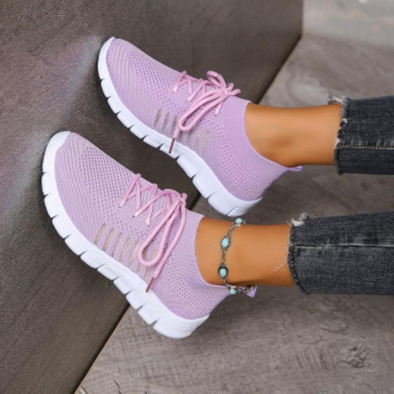 Spring/Summer Women's Flyknit Lace-Up Sneakers - Breathable Mesh Platform Running Shoes