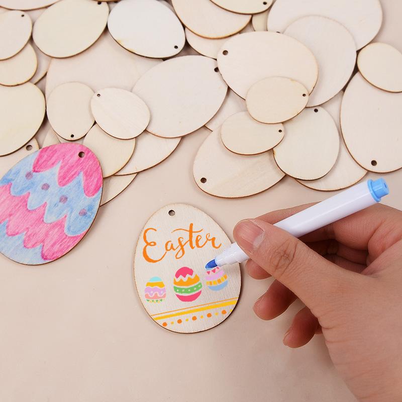 30-80mm Wooden Easter Eggs Kids DIY Painting Crafts Blank Bunny Eggs Wood Chips Happy Easter Party Home Decoration Ornament Gift