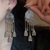 Retro Ethnic Style Round Wind Chime Earrings with Tassel and Silver Needle - High-Grade Metallic Texture for Women