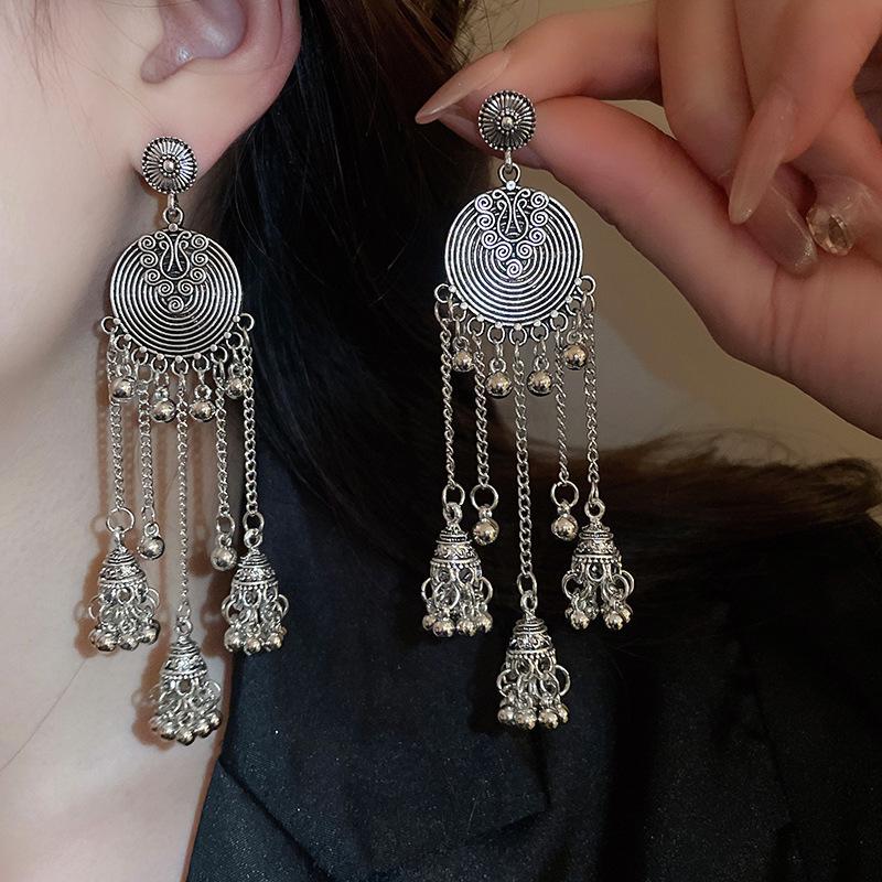 Retro Ethnic Style Round Wind Chime Earrings with Tassel and Silver Needle - High-Grade Metallic Texture for Women