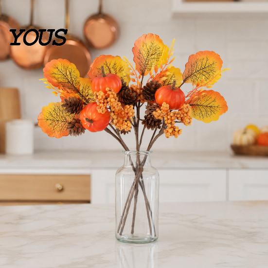 Multi-element Fall Bouquet Autumn Flower Bouquet, Artificial Floral Picks with Maple Leaves Pumpkins Pine Cone Stems Berries Cones for