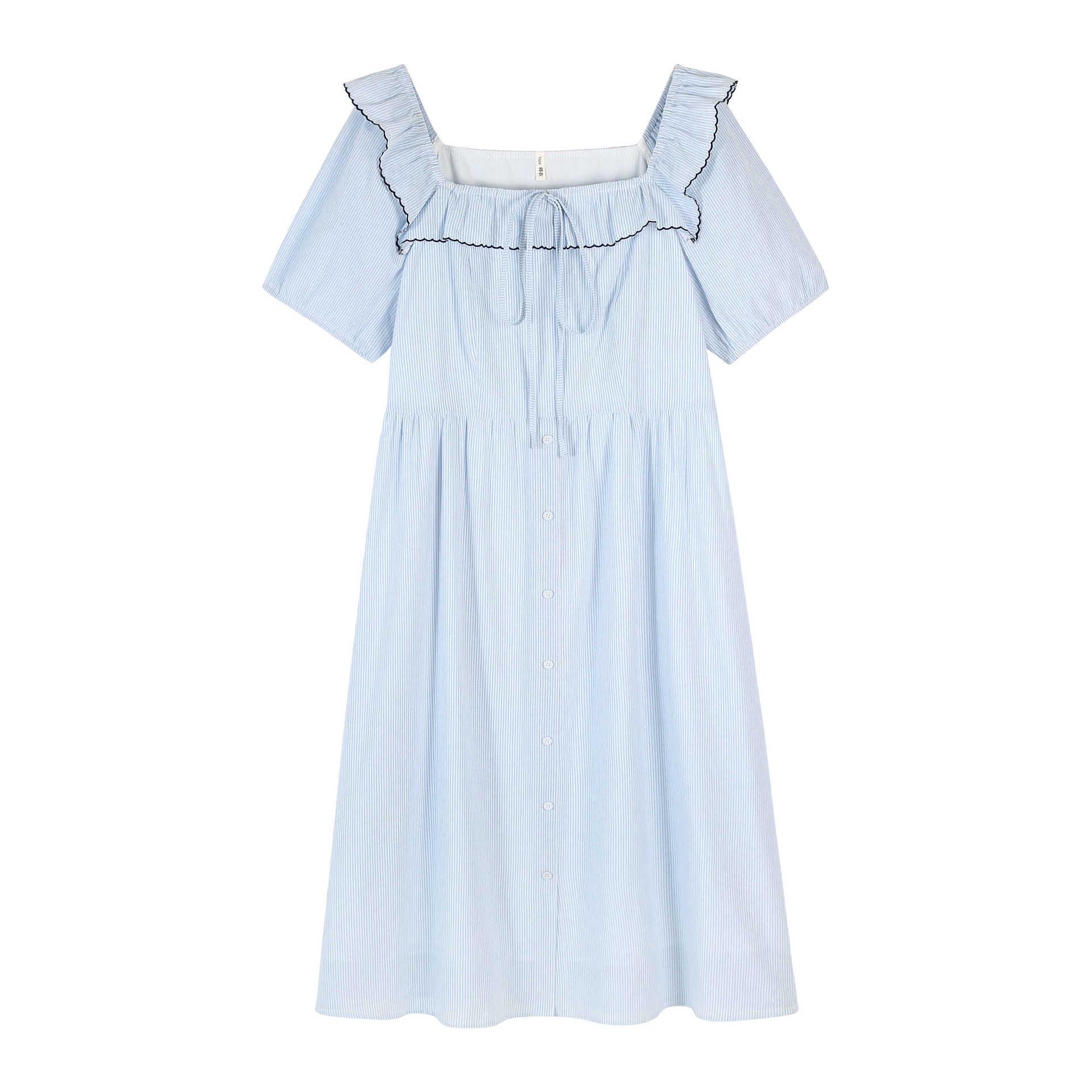 

Plus Size Ruffle Square Neck Blue Striped French Summer Dress for Women (Slimming) 1XL (suggested 120-140 jin)