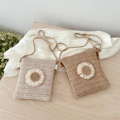 Süße Mädchen Blume Gewebte Tasche Damen Neuer Stil Modische Kleine Frische Kleine Quadratische Tasche Stroh Gewebte Tasche Umhängetasche
