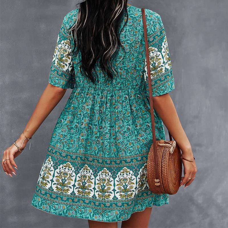 Damen Böhmisches Kleid Sommer V-Ausschnitt Kurzarm Geblümt Bedruckt Knopfleiste Lässige Kleider Mit Taschen Weiß