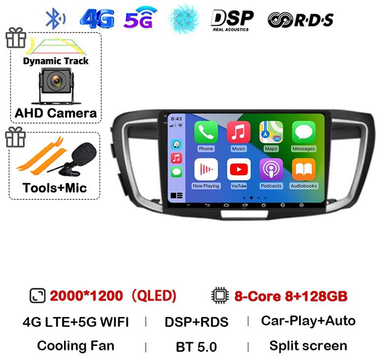 Android 14 Carplay Auto For Honda Accord 9 2.4L 2.0L 2012 - 2018 WiFi+4G Car Radio Multimedia Video Player GPS Navigation Stereo