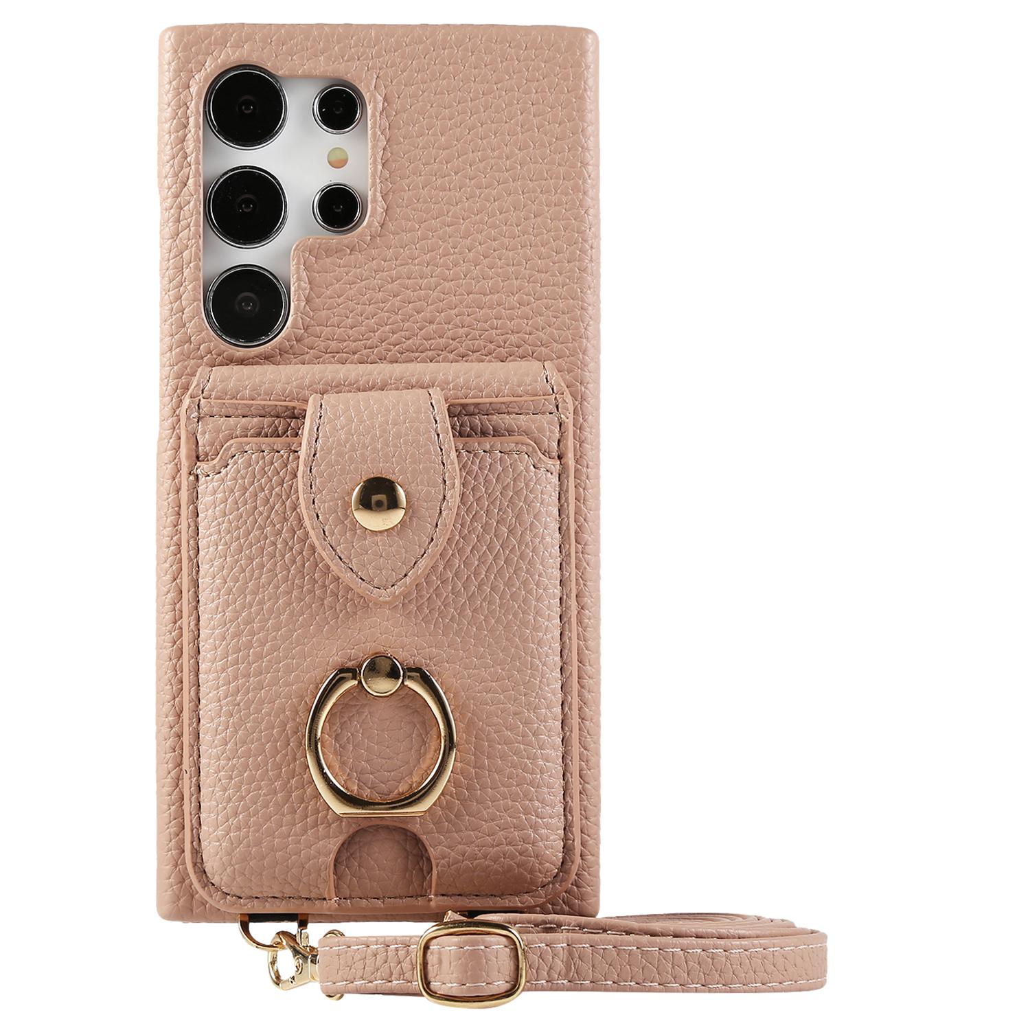 

For Samsung Galaxy S24 Ultra Case with Card Holder,Shoulder Strap PC+TPU Ring Kickstand Phone Back Cover Flesh