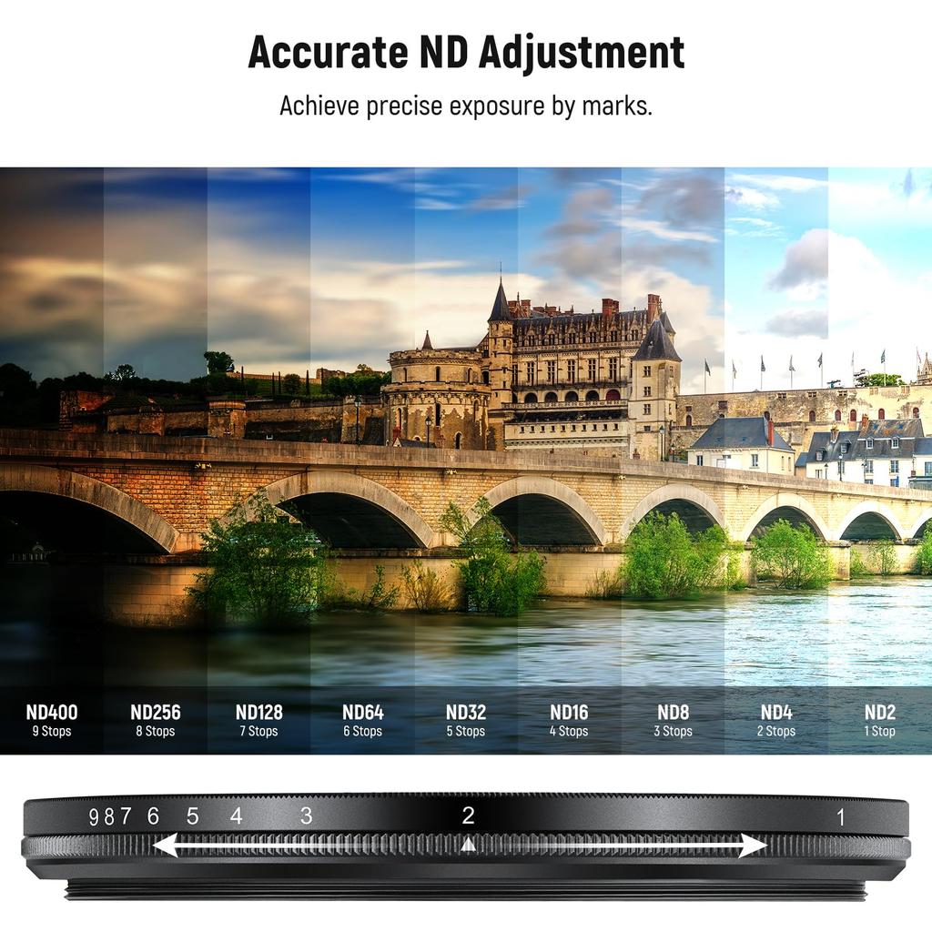 Neewer Basics 58mm Variable ND Filter ND2-400 Camera Lens Filter 1-9 Stop Rotating Dimming Fingerprint-Resistant Ultra-Thin Frame