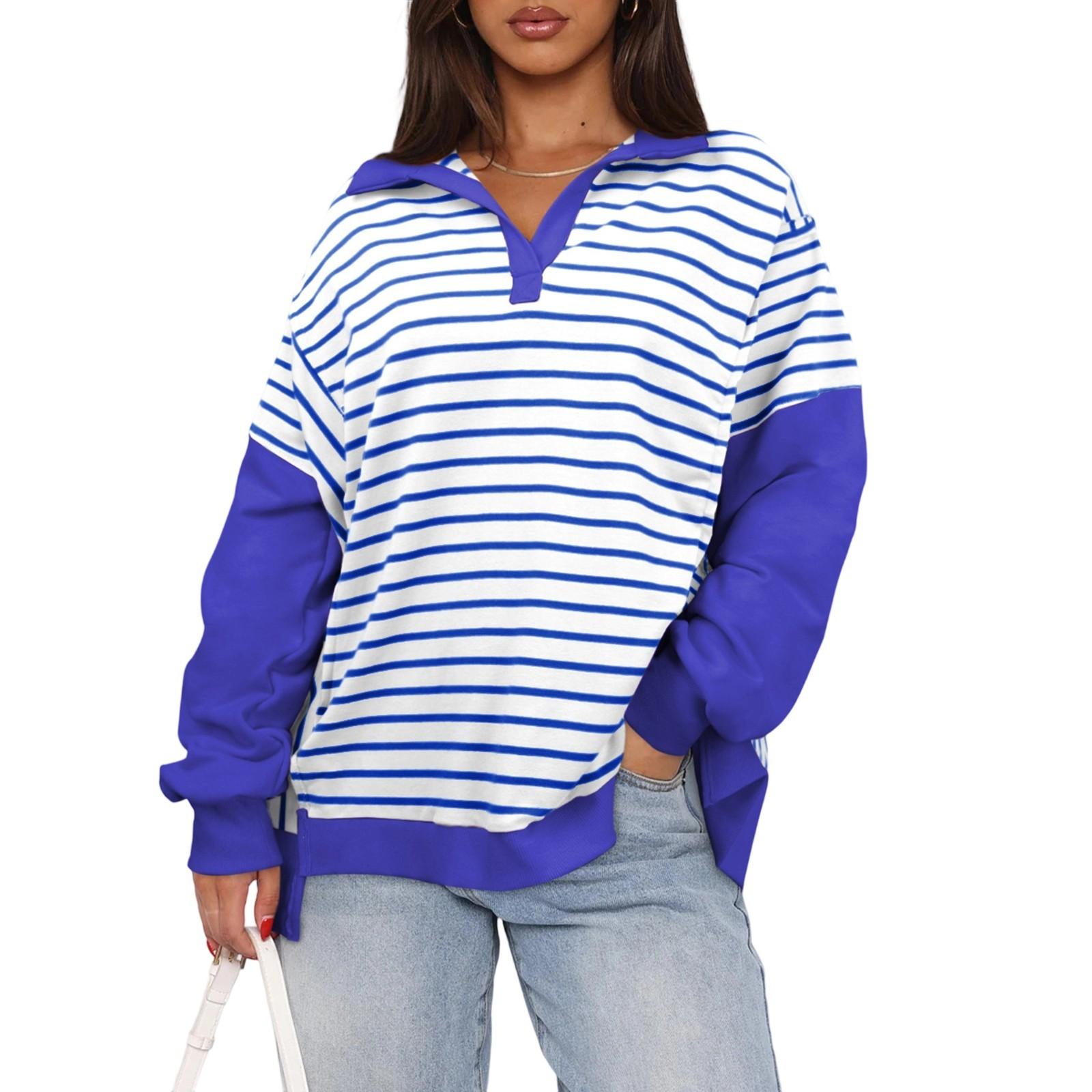 

Женская спортивная рубашка в полоску большого размера с длинными рукавами и круглым вырезом, повседневная свободная рубашка-пуловер, топ XL синий