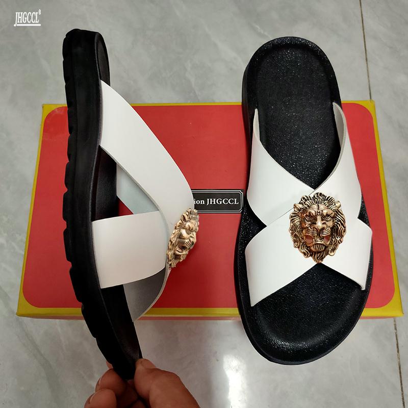 Fashion New style flip-flops for men Cowhide casual slippers  designer leather beach shoes women's Plus size 46, 47 sandals women