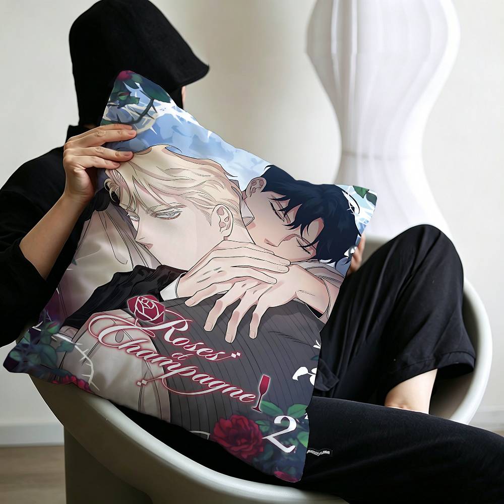 Korean Manhua Roses And Champagne Pillowcase Toon Gift Cushion Cover Bedroom Home Sofa Chair Seat Decor Pillow Case