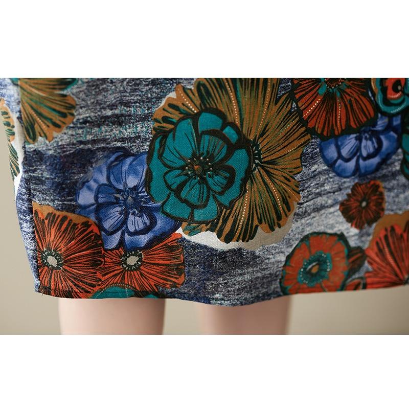 Letní květinový potisk Délka ke kolenům Bavlněné šaty Umění Retro Art Šaty s krátkým rukávem s krátkým rukávem