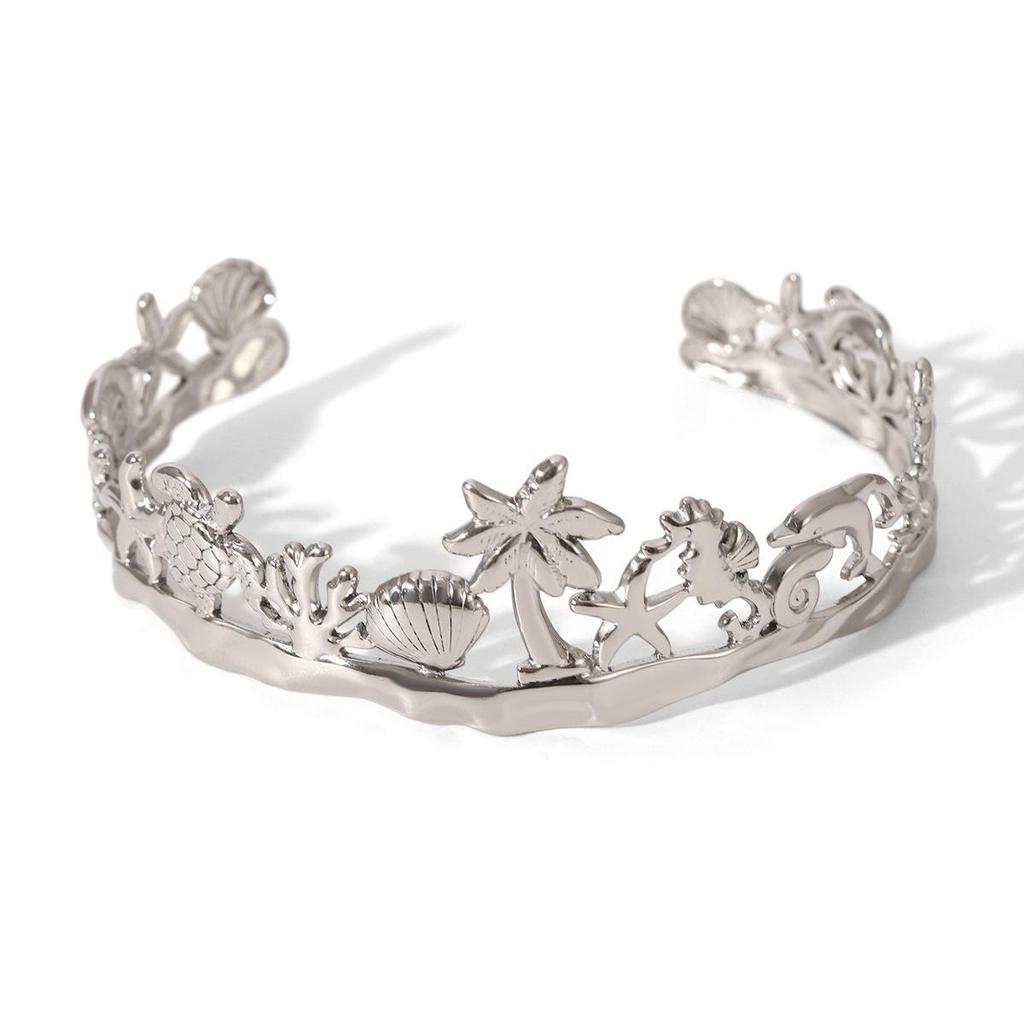 Hawaiian Stainless Steel Bracelet: Starfish, Turtle, Dolphin & Coconut Tree Charm Jewelry for Women