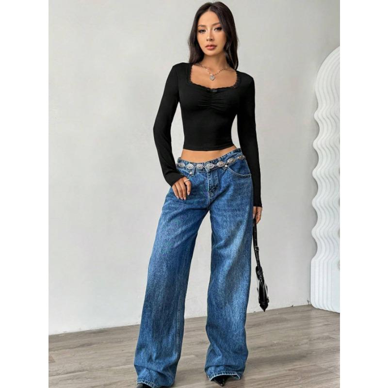 Women's Spring and Autumn Long-sleeved T-shirts Look Slim Slim Lace Patchwork Babes Top U-neck Base Shirt