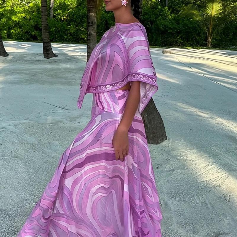 New European and American style purple abstract printing lantern sleeve long dress holiday style dress S фиолетовый