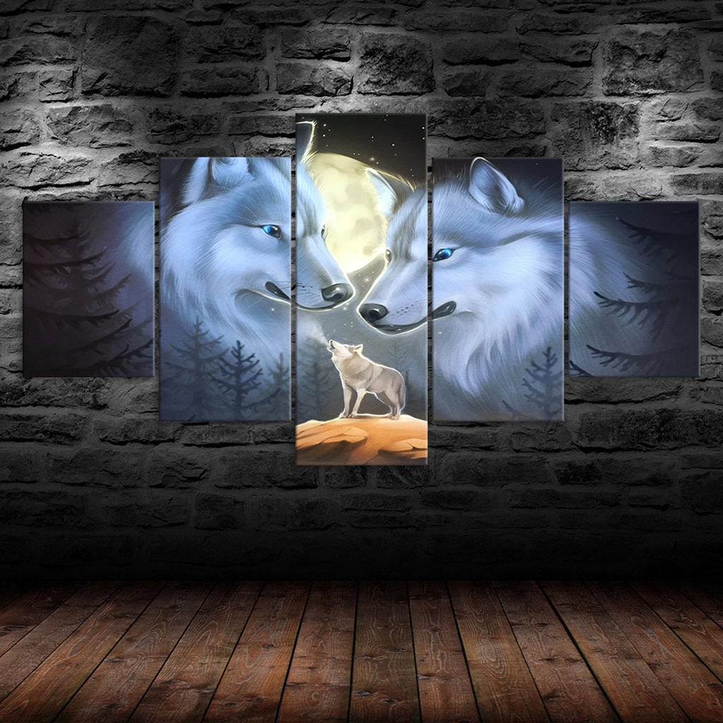 Wolf Family Full Moon Night 5 Piece Five Panel Wall Canvas Print Modern Poster Pictures Home Decor Gift For Him For Her