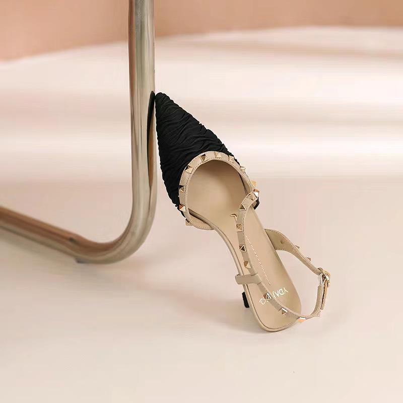 Baotou Sandals Women's 2025 New Rivet One Word Buckle with Fairy Wind Back Air Single Shoes Pointed High Heels Sandals Women