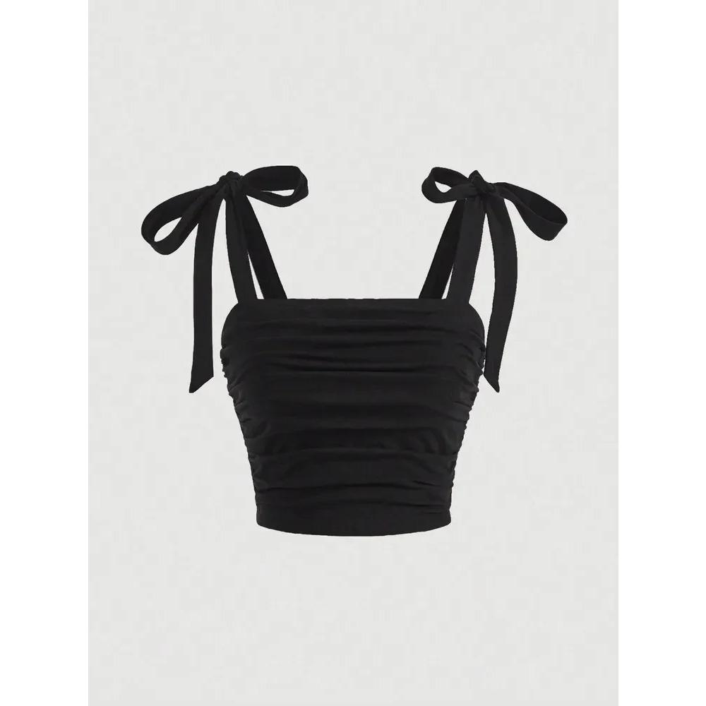 

Однотонный кроп-топ на бретелях с рюшами и широкими лямками, облегающий, для женщин, одежда Y2K, розовый топ-ками с открытой спиной, уличная одежда S чёрный