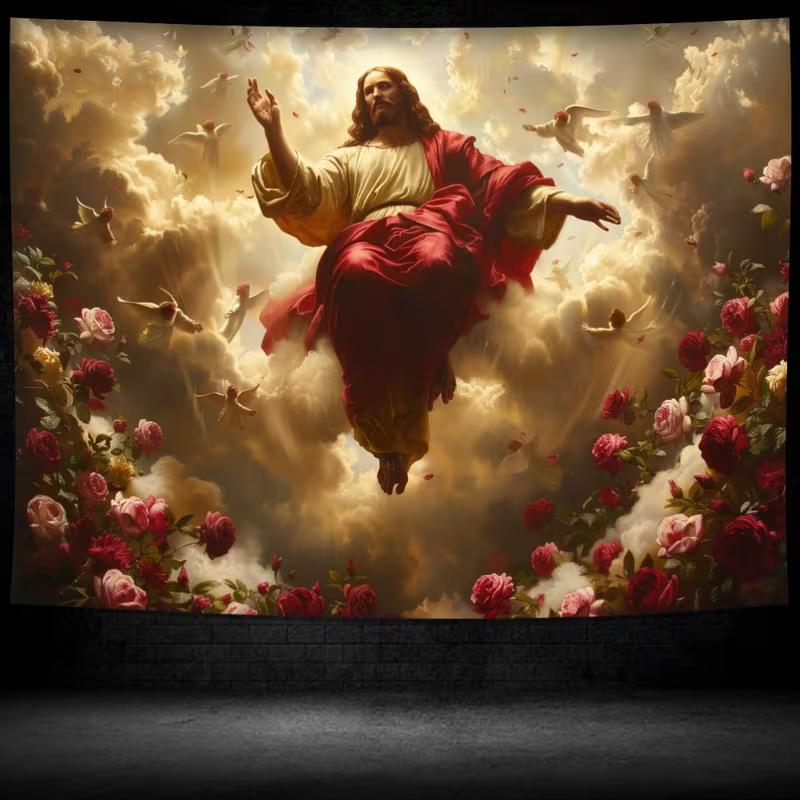 2D Christian Jesus Tapestry, Sacred Heaven & Roses Wall Art for Home Decor