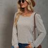 Autumn and Winter Popular T-shirt Solid Color U-neck Wrinkled Long-sleeved Casual Puff Sleeve Bottoming Shirt