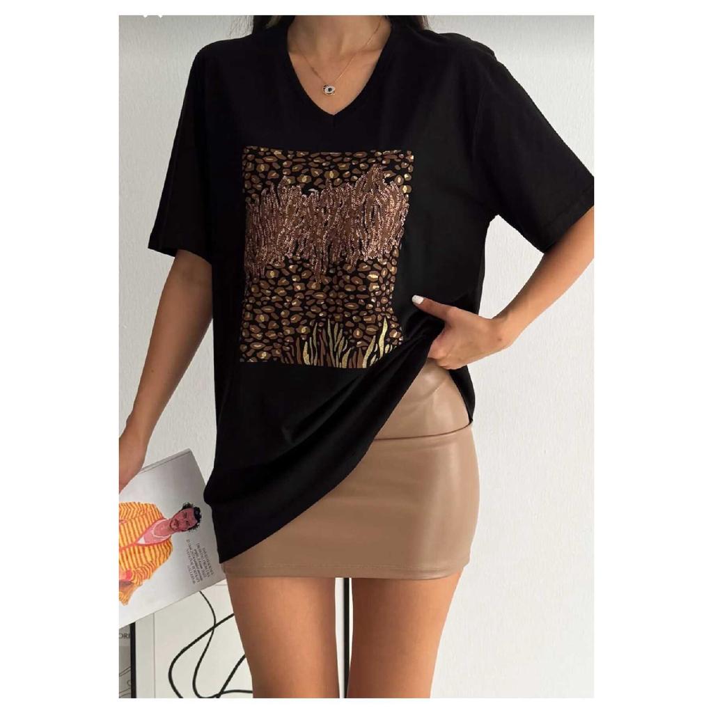 Tricou negru de damă, cu decolteu în V, brodat cu paiete, 100% bumbac