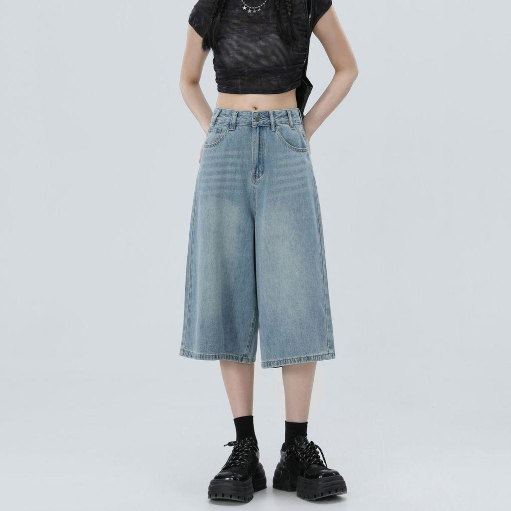 2025 Spring/Summer Women's High-Waisted Wide-Leg 7/8 Jeans - Slimming Straight-Leg, Versatile American Style