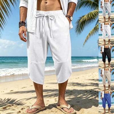 Mens Summer Beach Casual Waffle Knit Loose 3 4 Shorts