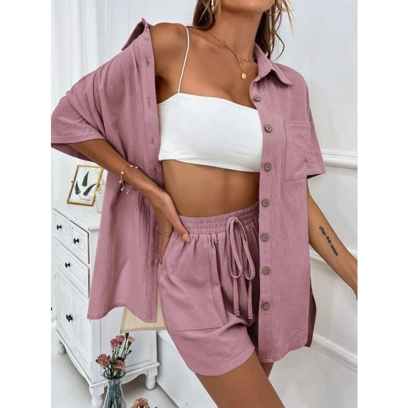 Damenmode Casual Sommer Frühling Einfarbig Druck Kurzarm POLO Kragen Blusen & Hemden Hosen Hosen Anzüge