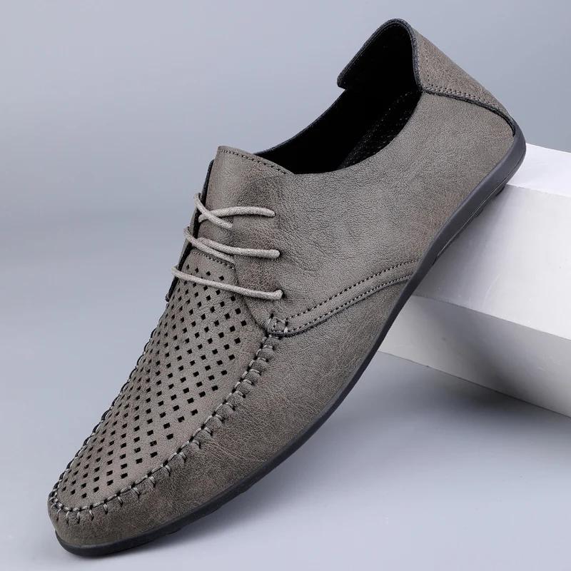 Designer Andningsbara Båtskor Sommar Ihåliga Läderskor Män Lyxiga Italienska Casual Handgjorda Mjuka Läderskor Zapatos Hombre