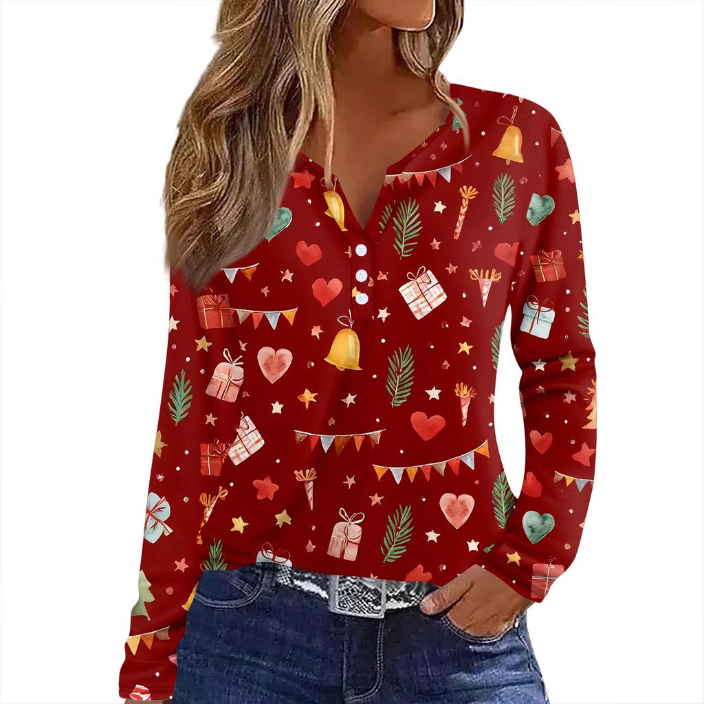 Camiseta de Mujer Estampado Navideño Botón Manga Larga Diario Fin de Semana Moda Básica Cuello en V Regular Top