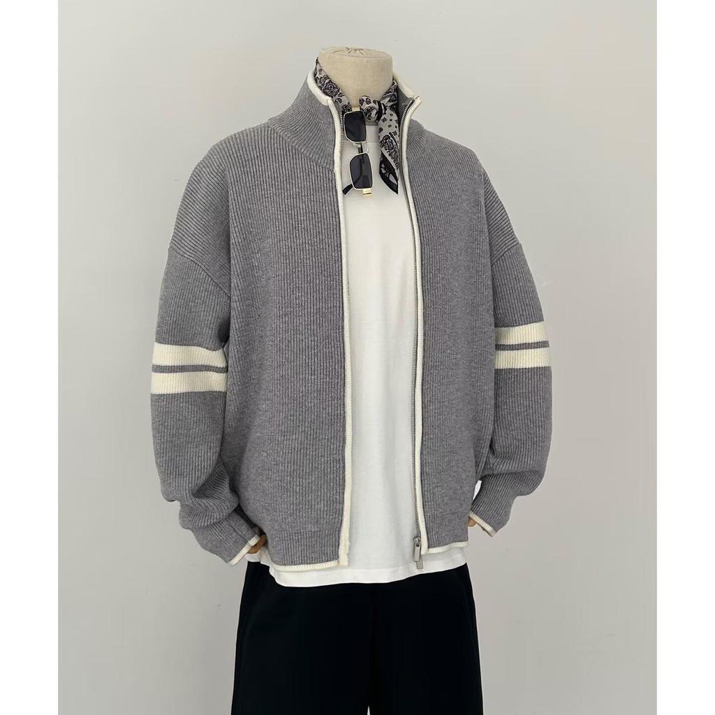 Men's Trendy 2025 Autumn/Winter Stand Collar Color Block Stripe Knit Zipper Cardigan Sweater Jacket