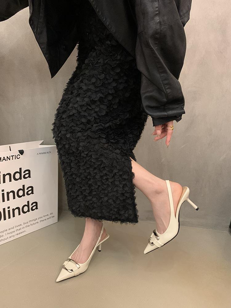 Temperament thin heel pointed head bag head sandals women's summer new with skirt niche metal high heels