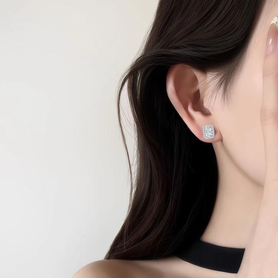 1 Pair Stud Earrings Square Geometric White Cubic Zirconia Clear Ice-Like Stone Ear Studs Retro French Style Jewelry Accessories