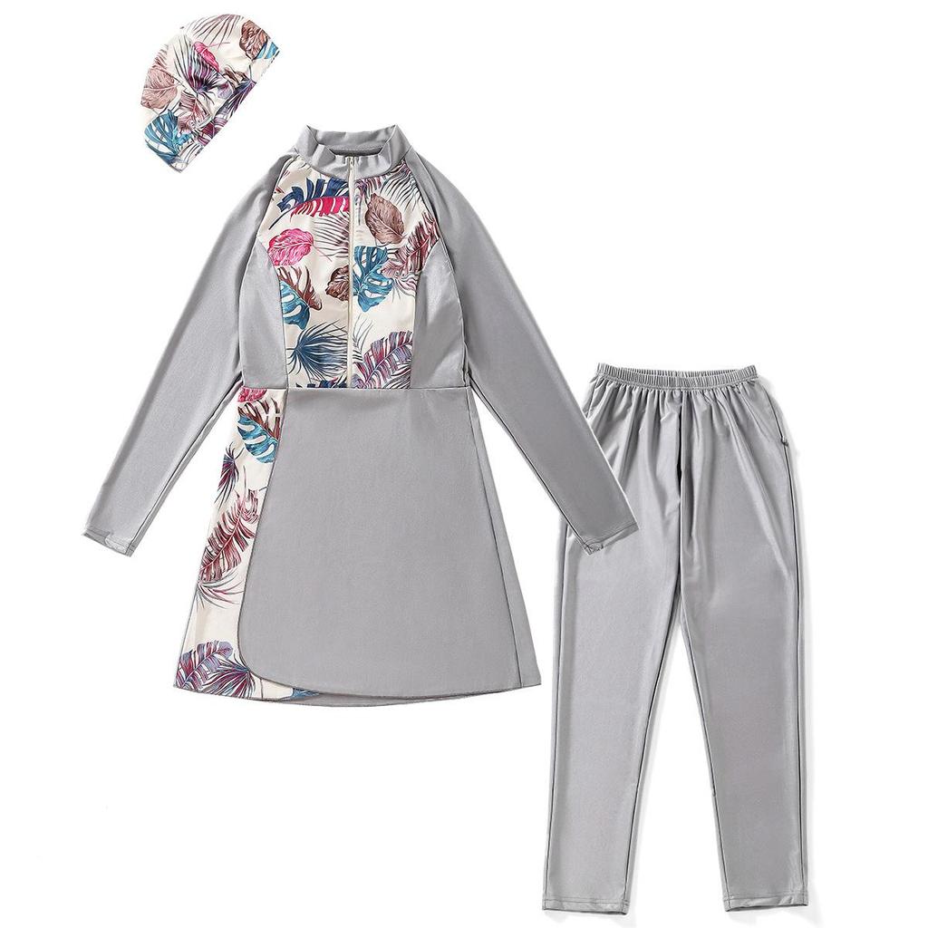 Women Printing Swimwear Muslim Bathing Suit with Cap Long Sleeve Swimsuit Full Coverage Swimming Suit 3 Pieces Sun Protection