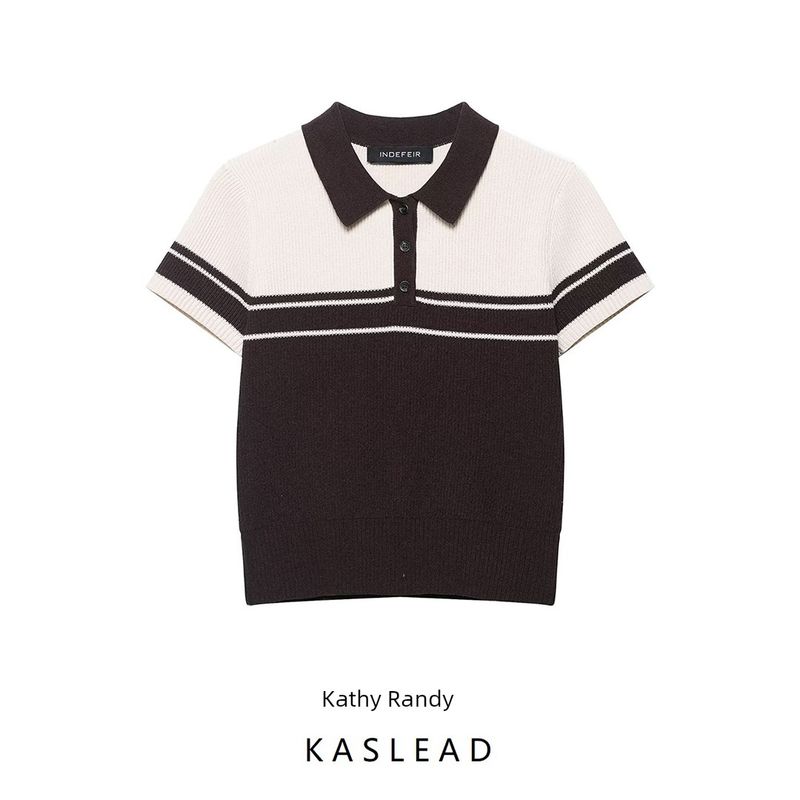 Kaslead New Women clothes Western Style Fashion Rib Knit Polo Shirt Collar Top 4938102