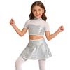 Set da Ballo per Bambina Top Corto e Gonna con Paillettes Lucide, Collo Alto, Maniche Corte, Patchwork in Rete, Schiena Scoperta