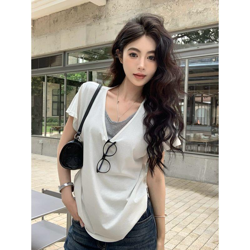 Kumikumi Sweet Style V-neck Patchwork Contrast Color Layered t-shirt Women Summer Casual Loose Short sleeve All-Match Top